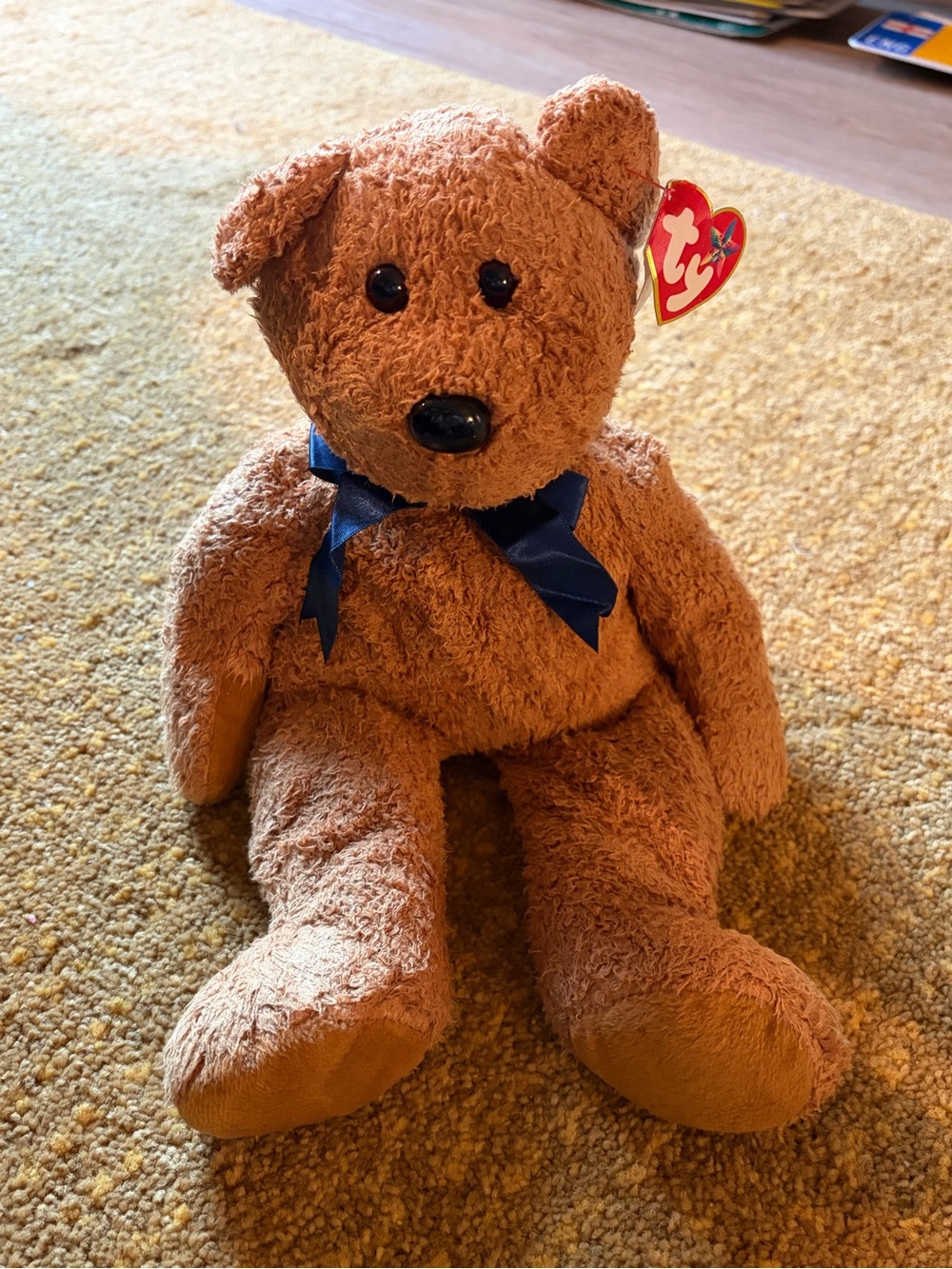 Ty Plush Bear in Brown with Navy Blue Bow
